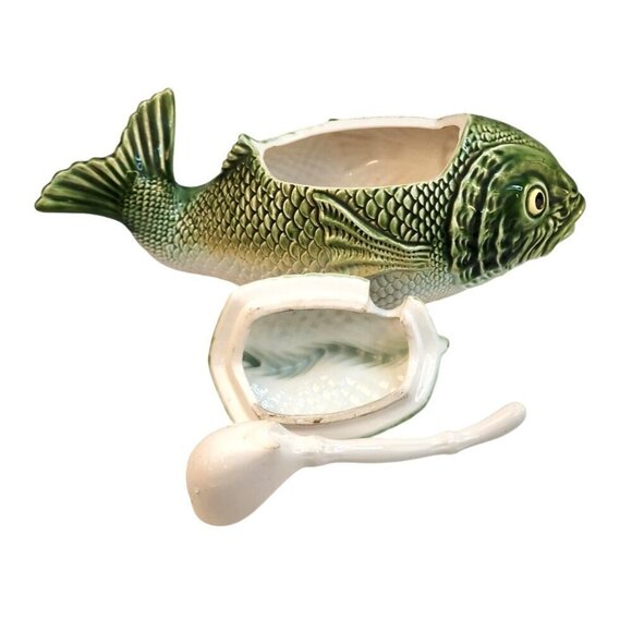 Fish-Shaped 2qt. Ceramic Soup Tureen with Serving Spoon 1950s Vintage Fish Lover - Picture 8 of 14